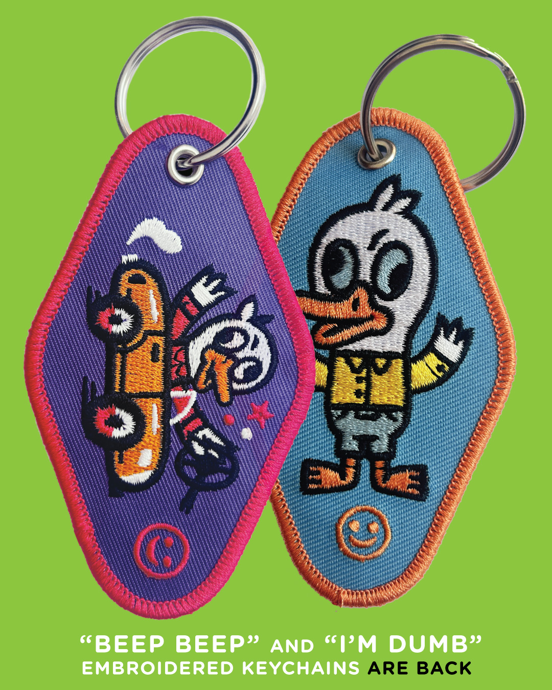 New exclusive added: Little Friends of Printmaking — Beep Beep & I'm Dumb Embroidered Keychains