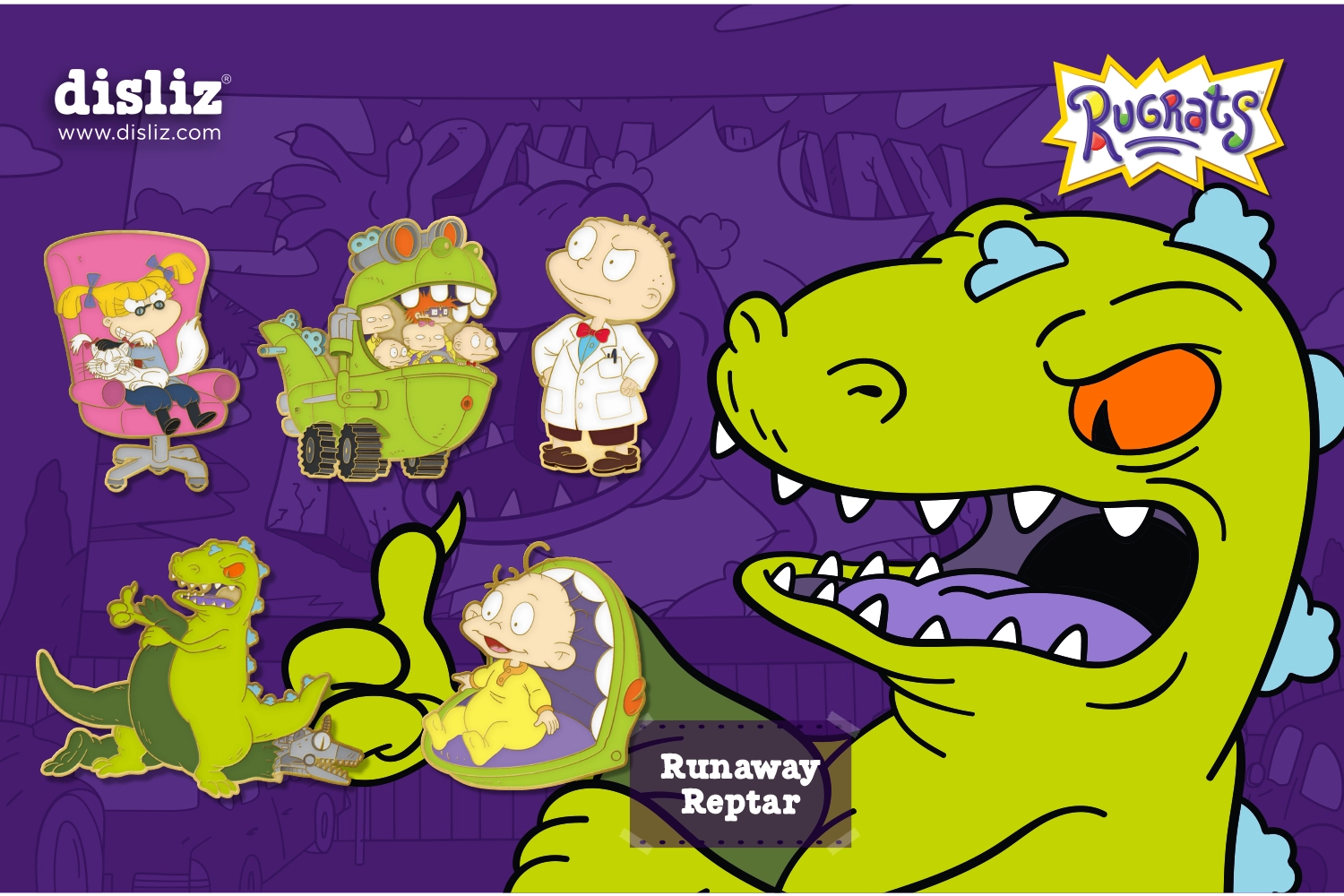Pre-order or purchase link available: Disliz — Rugrats 'Runaway Reptar' Pin Set