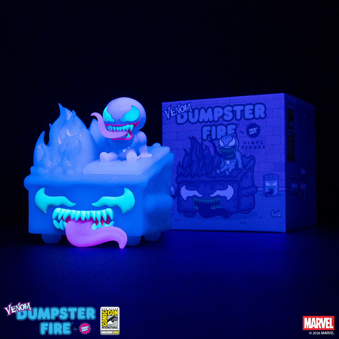 Pre-order or purchase link available: 100% Soft — Venom Dumpster Fire (Glow-in-the-Dark SDCC Variant)